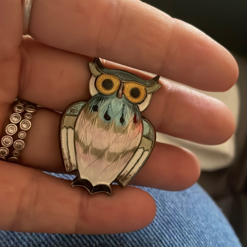 Vintage Signed David Andersen Norway Sterling Silver Guilloche Enamel Owl Brooch